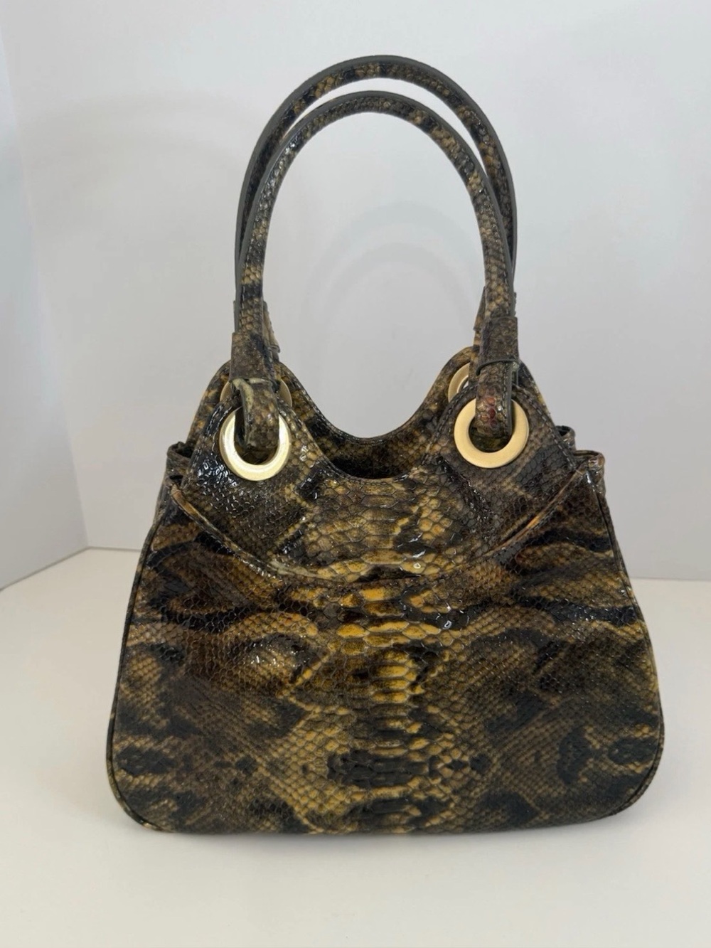 Adrienne Vittadini Faux Python Snakeskin Shoulder Bag Brown Tan Gold Grommet